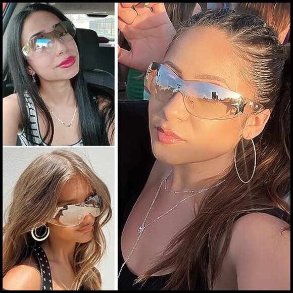 Y2K Rimless Wrap Around Sunglasses Star Pattern Futuristic Shield Shades main image 6